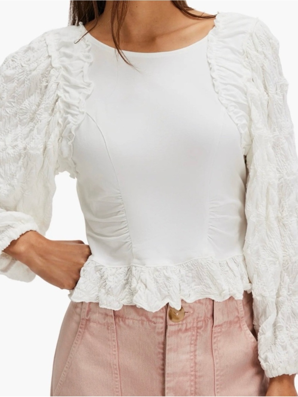 Free People Olivia Top Balloon Sleeves Cropped Ruffle Blouse Size XL Boho - Picture 1 of 10